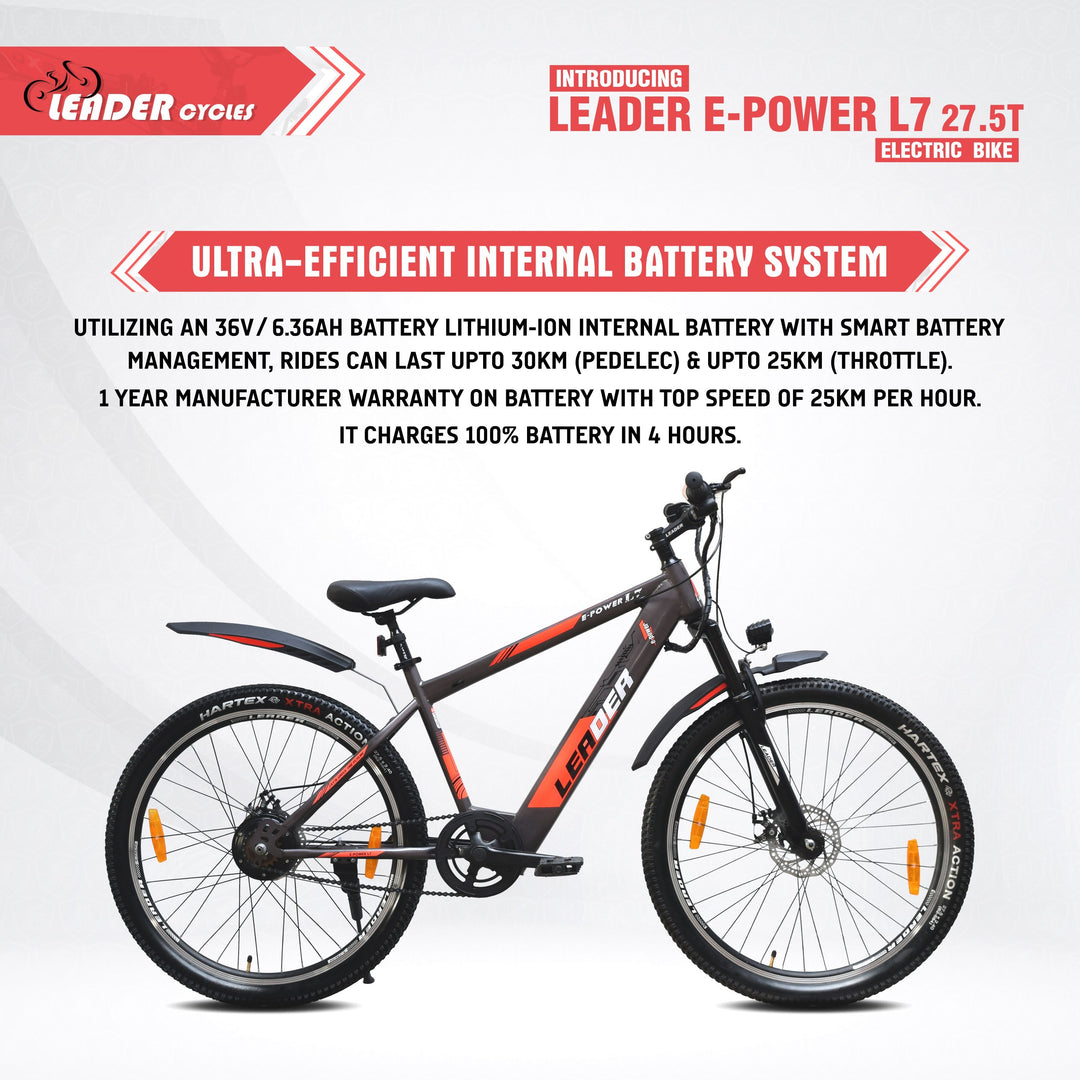 Leader E-Power L7 27.5T Electric Cycle with Front Suspension & Dual DISC Brake | Front LED Light and Horn (Li-Ion Battery, 250W BLDC Motor)| 1 Year Warranty on Battery & Motor (Grey)