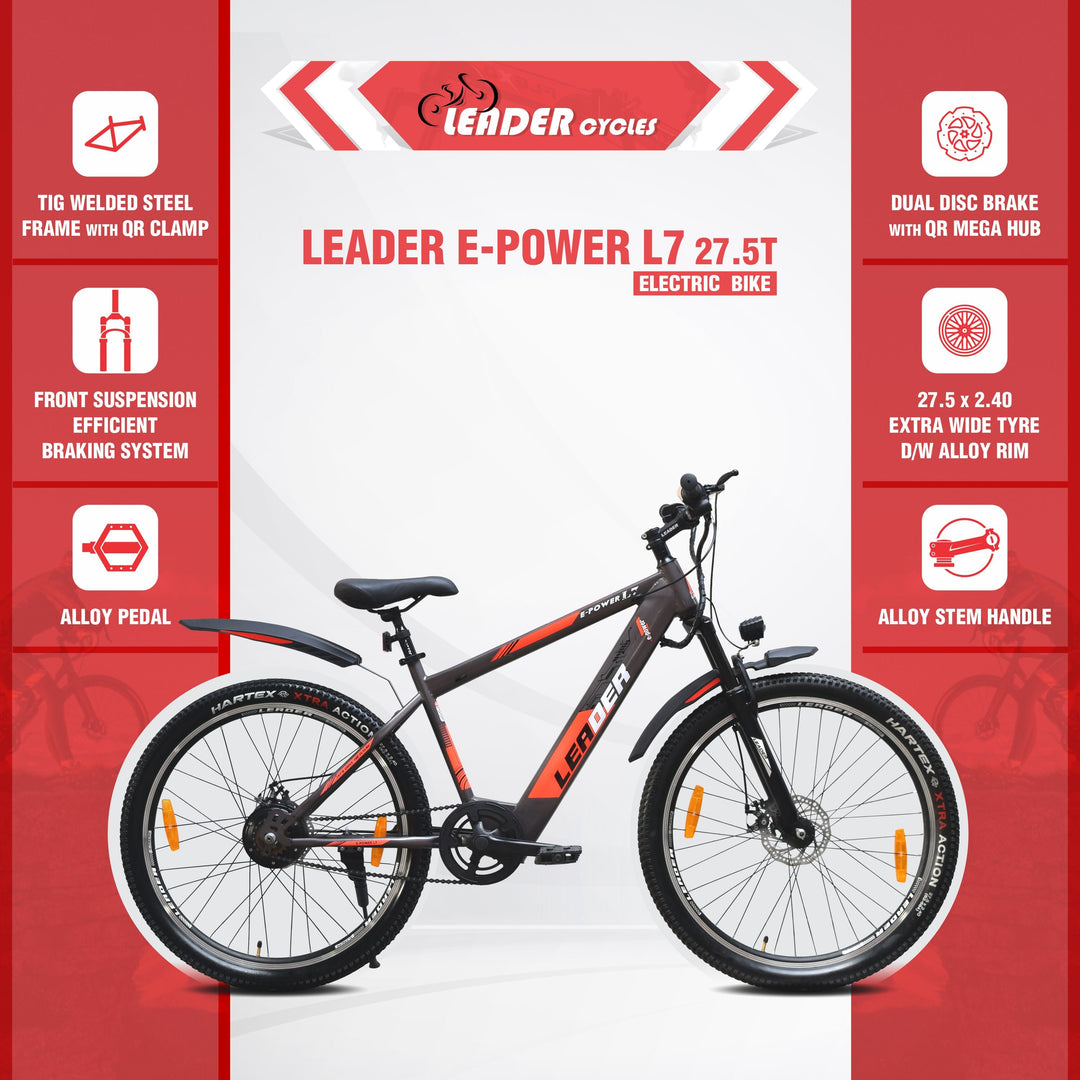 Leader E-Power L7 27.5T Electric Cycle with Front Suspension & Dual DISC Brake | Front LED Light and Horn (Li-Ion Battery, 250W BLDC Motor)| 1 Year Warranty on Battery & Motor (Grey)