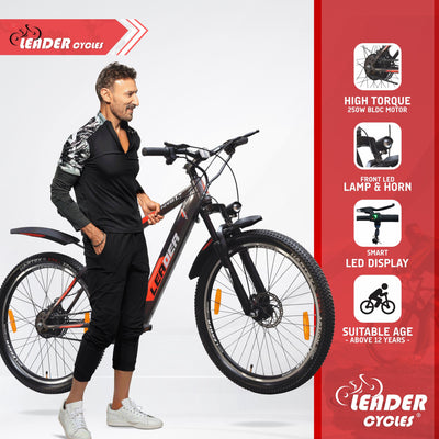 Leader E-Power L7 27.5T Electric Cycle with Front Suspension & Dual DISC Brake | Front LED Light and Horn (Li-Ion Battery, 250W BLDC Motor)| 1 Year Warranty on Battery & Motor (Grey)