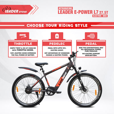 Leader E-Power L7 27.5T Electric Cycle with Front Suspension & Dual DISC Brake | Front LED Light and Horn (Li-Ion Battery, 250W BLDC Motor)| 1 Year Warranty on Battery & Motor (Grey)