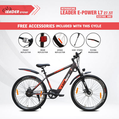 Leader E-Power L7 27.5T Electric Cycle with Front Suspension & Dual DISC Brake | Front LED Light and Horn (Li-Ion Battery, 250W BLDC Motor)| 1 Year Warranty on Battery & Motor (Grey)