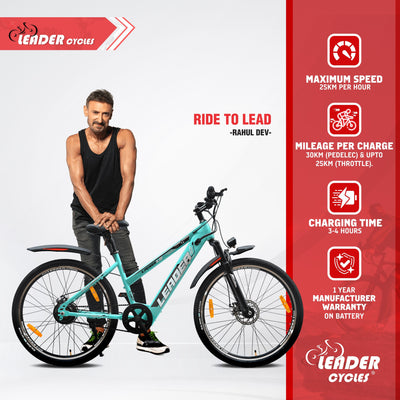 Leader E-Power L8 27.5T Unisex Electric Cycle with Front Suspension & Dual DISC Brake | Front LED Light and Horn (Li-Ion Battery, 250W BLDC Motor)| 1 Year Warranty on Battery & Motor (See Green)