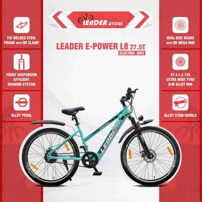 Leader E-Power L8 27.5T Unisex Electric Cycle with Front Suspension & Dual DISC Brake | Front LED Light and Horn (Li-Ion Battery, 250W BLDC Motor)| 1 Year Warranty on Battery & Motor (See Green)