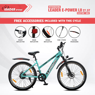 Leader E-Power L8 27.5T Unisex Electric Cycle with Front Suspension & Dual DISC Brake | Front LED Light and Horn (Li-Ion Battery, 250W BLDC Motor)| 1 Year Warranty on Battery & Motor (See Green)