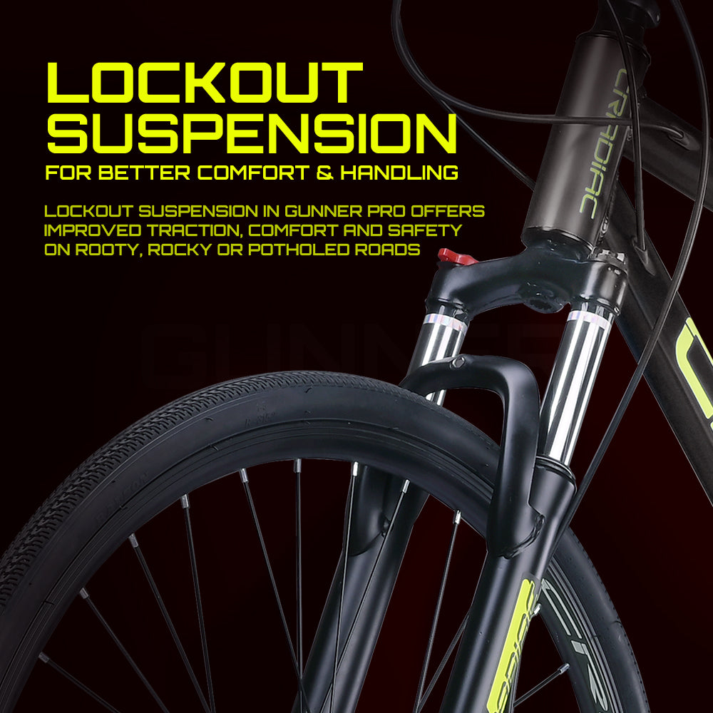 Gunner Pro | 6061 Alloy Frame | Shimano Acera | Lockout Suspension 700c T Hybrid Cycle/ City Bike (21 Gear | Grey)