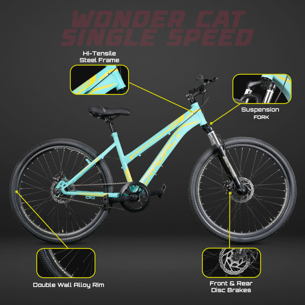 Wondercat SS Aqua Blue 26 T Mountain Cycle (Single Speed | Yellow)