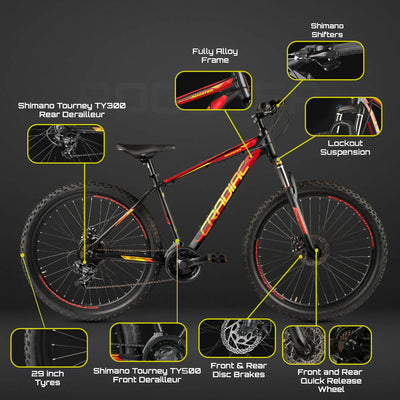 CRADIAC ROOSTER | 6061 ALLOY FRAME | SHIMANO POWERED 29 T Mountain Cycle (21 Gear, Black, Red, Only Front Suspension)