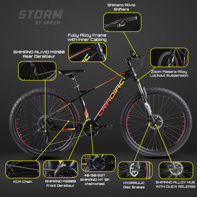 Storm | Shimano Gear | Alivio | 27 Speed | Cassette | Mtb | Alloy 27.5 T Mountain Cycle (27 Gear, Black, Red)