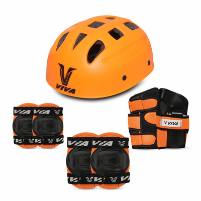 Skates & Cycling Guard Set for Sub Junior Players | Orange (1 Helmet | 1 Pair of Elbow Guards | 1 Pair Knee Guards and 1 Pair of Palm Guards)