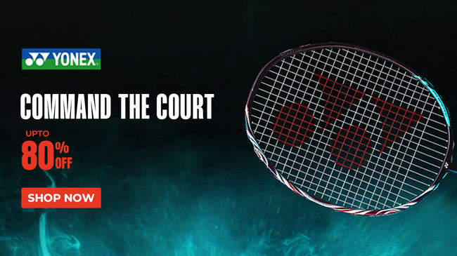 Brand Banner of Yonex showing its top products with offer callout.