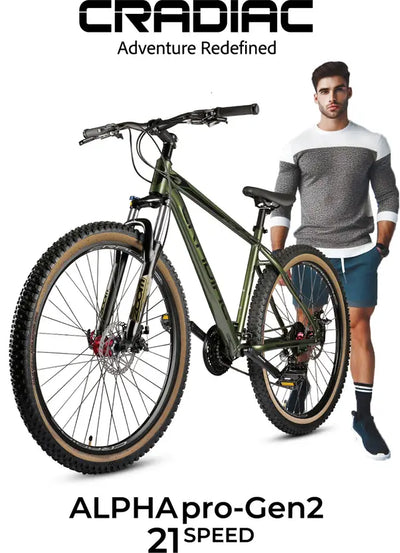 Alpha pro gen 2 | 21 speed 29T Mountain Cycle (21 Gear, Green, Only Front Suspension) 6061 ALLOY FRAME | SHIMANO ACERA