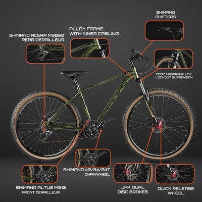 Alpha pro gen 2 | 21 speed 29T Mountain Cycle (21 Gear, Green, Only Front Suspension) 6061 ALLOY FRAME | SHIMANO ACERA