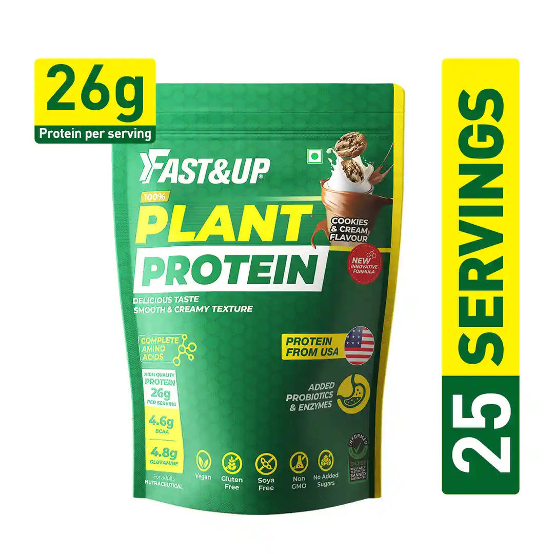 Fast&Up Plant Protein - 26g Certified Protein from USA with 4.6g BCAA, 4.8g Glutamine. Smooth & Creamy Protein to Support Muscle Health & Recovery -25 servings, Cookies and Cream flavour