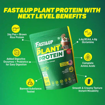 Fast&Up Plant Protein - 26g Certified Protein from USA with 4.6g BCAA, 4.8g Glutamine. Smooth & Creamy Protein to Support Muscle Health & Recovery -25 servings, Cookies and Cream flavour