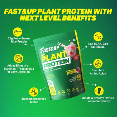 Fast&Up 100% Plant Protein Powder, 26g Vegan Isolate Protein/Serving- Natural Protein from Pea & Brown Rice with 4.6g BCAA and 4.8g Glutamine, Smooth, Creamy Protein - 975gm, Strawberry Blast Flavour