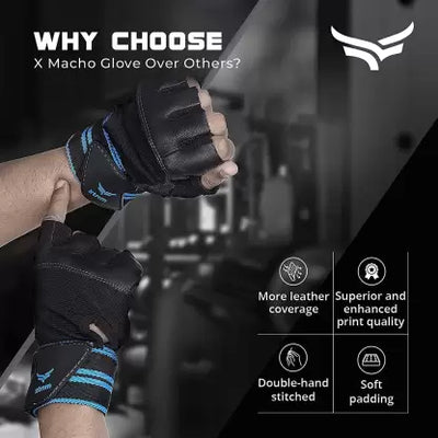 Macho X Unisex Leather Professional Weightlifting | Fitness Training and Workout Gym & Fitness Gloves (Blue)