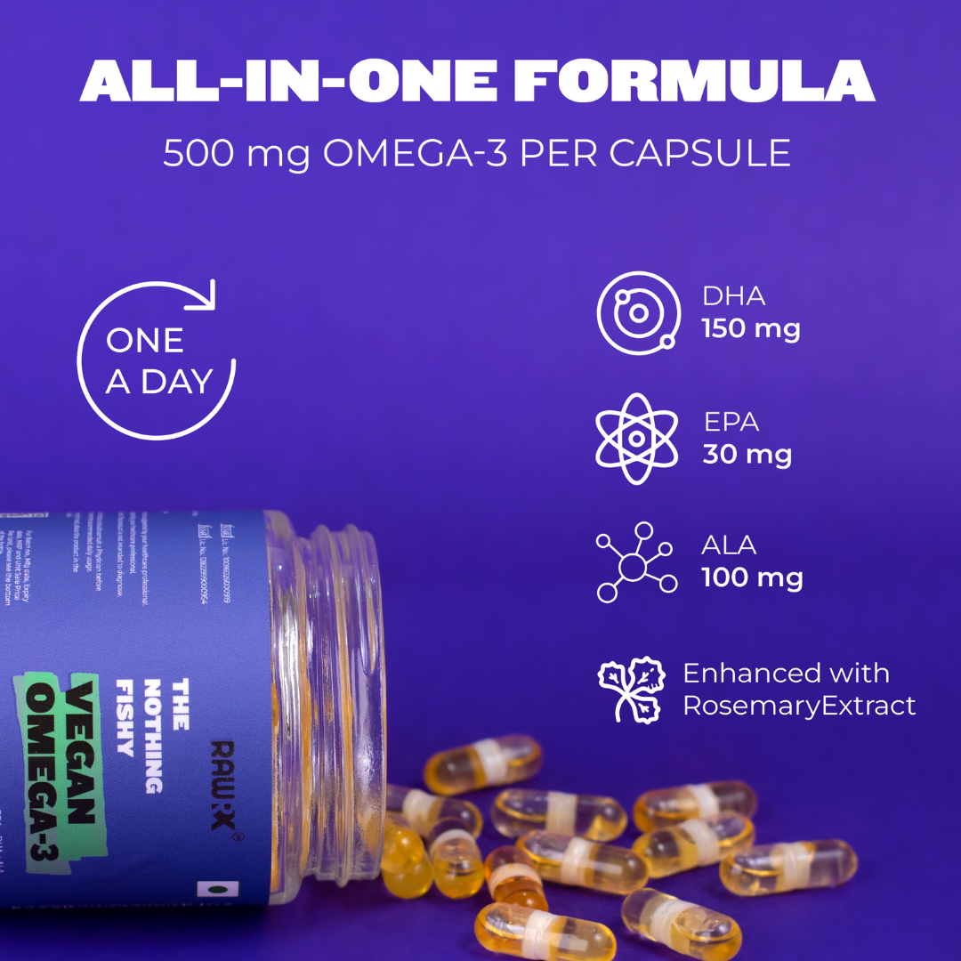 RawRX Vegan Omega 3 | 30 Capsules | Algal Oil-based DHA (150mg) | EPA (30mg) & ALA (100mg) formula | 100% Vegetarian Algae & Flaxseed | Better than Fish Oil | Heart Health & Joint Support for Men & Women