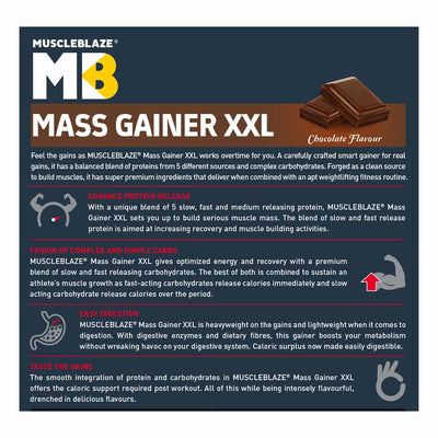 MuscleBlaze Mass Gainer XXL with Complex Carbs and Proteins in 3:1 ratio, 1 kg (2.2 lb), Chocolate