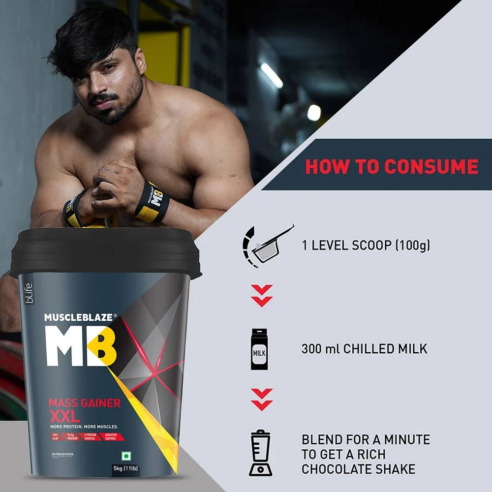 MuscleBlaze Mass Gainer XXL with Complex Carbs and Proteins in 3:1 ratio, 5 kg (11 lb), Chocolate