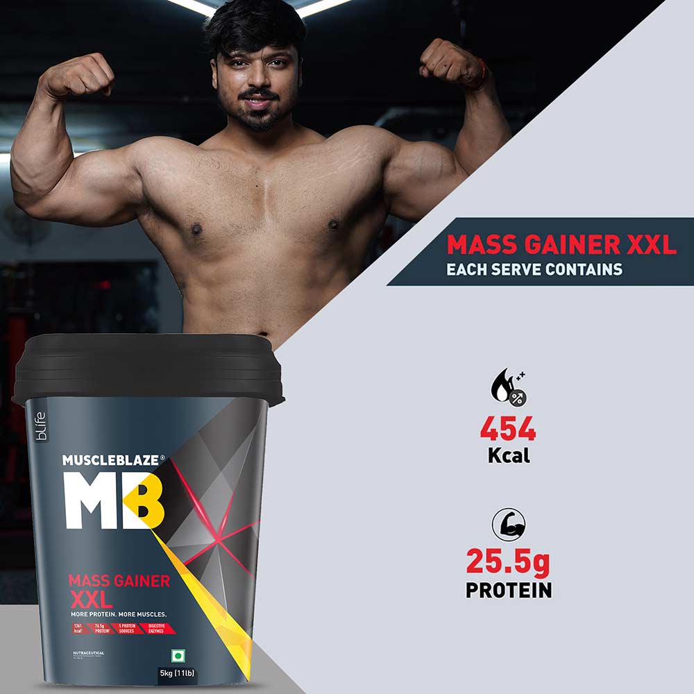 MuscleBlaze Mass Gainer XXL with Complex Carbs and Proteins in 3:1 ratio, 5 kg (11 lb), Chocolate