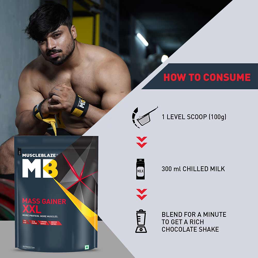 MuscleBlaze Mass Gainer XXL with Complex Carbs and Proteins in 3:1 ratio, 1 kg (2.2 lb), Chocolate