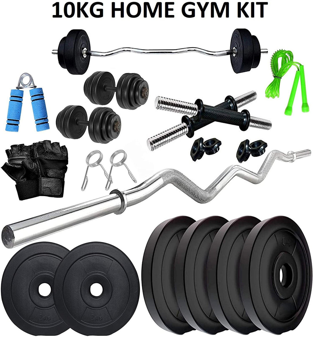 10KG Home Gym Set | Home Gym Equipments | Home Gym with 3ft Curl Rod + One Pair Dumbbell Rods | Home Gym Combo | PVC Weight Plates | Exercise Set | Home Gym Kit with Accessories