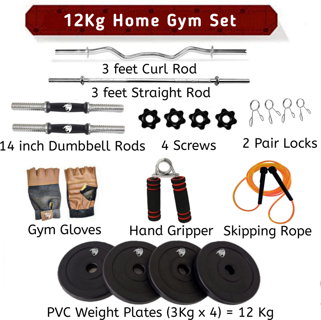 12kg Home Gym Equipment | 3ft Curl Rod | 3ft Straight + One Pair Dumbbell Rods | Weight Plates