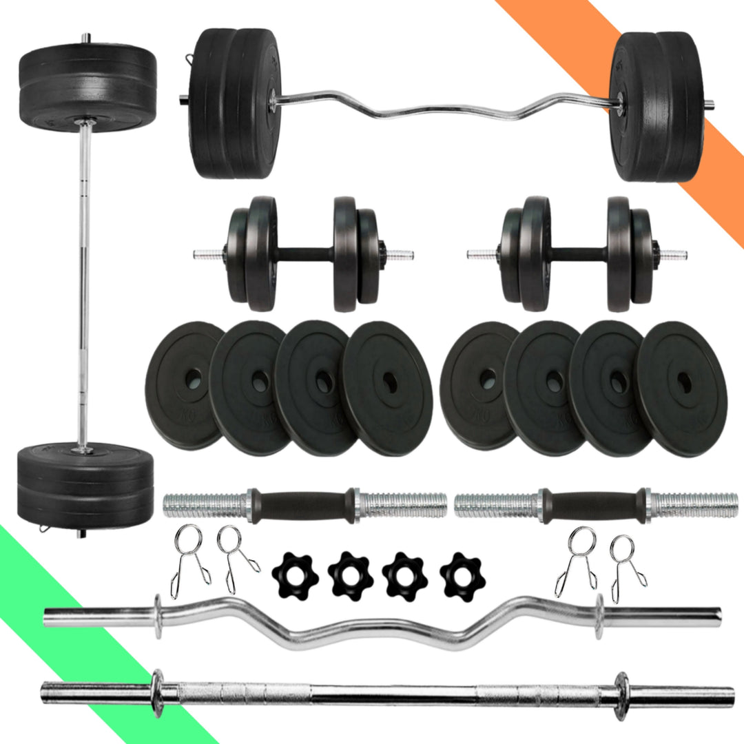 14 kg Home Gym Combo | Home Gym Set | 3ft Curl Rod | 3ft Straight + One Pair Dumbbell Rods | Weight Plates | Exercise Set