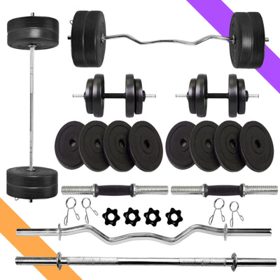 28 kg Home Gym Combo | Home Gym Set | 3ft Curl Rod | 3ft Straight + One Pair Dumbbell Rods | Weight Plates | Exercise Set