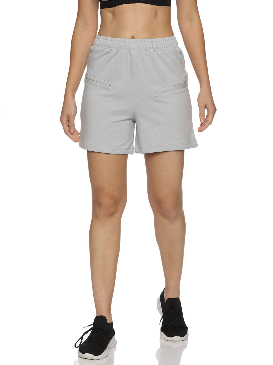 Women's Solid Training Shorts With Elasticated Drawstring Waist & Zipper Pockets (Grey)