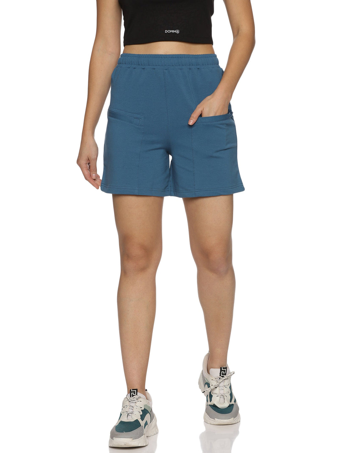 Women's Solid Training Shorts With Elasticated Drawstring Waist & Zipper Pockets (Blue)