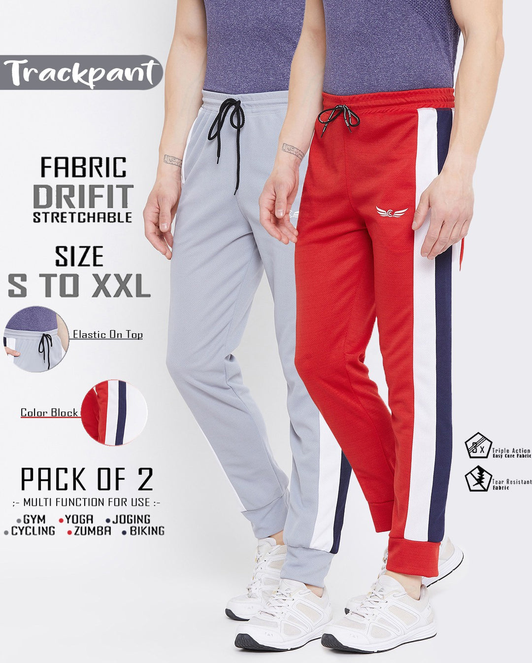 Men Solid Grey/Red Hiking Track Pants (Pack of 2)