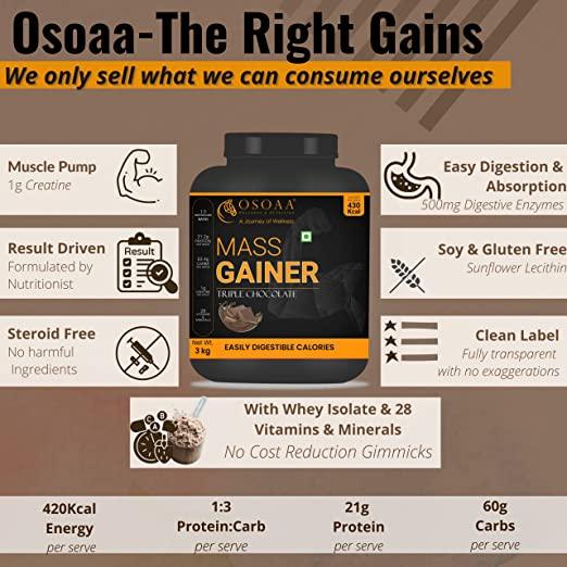 Mass Gainer Protein 3kg Chocolate, 420 Calorie, Creatine, Digestive Enzyme, Fast Muscle Weight Gain, 28 Vitamin & Mineral, 30 Serving - Kriya Fit