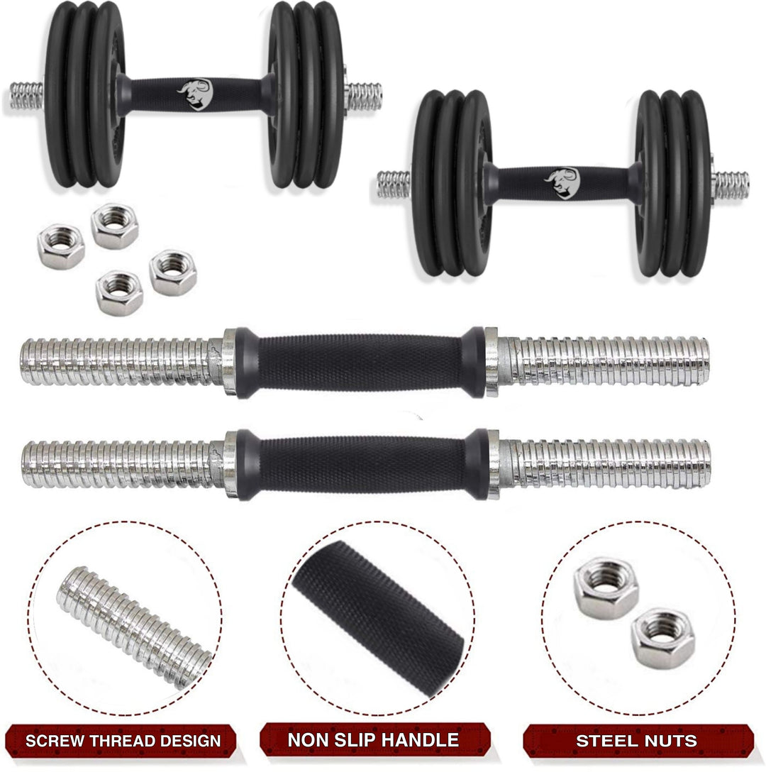 10kg Rubber weight plates with14-inch x 2 Dumbbell rods and 3ft curl rod Gym Kit