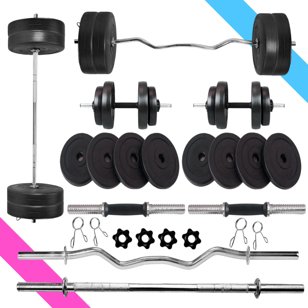 32 kg Home Gym Combo | Home Gym Set | 3ft Curl Rod | 3ft Straight + One Pair Dumbbell Rods | Weight Plates | Exercise Set