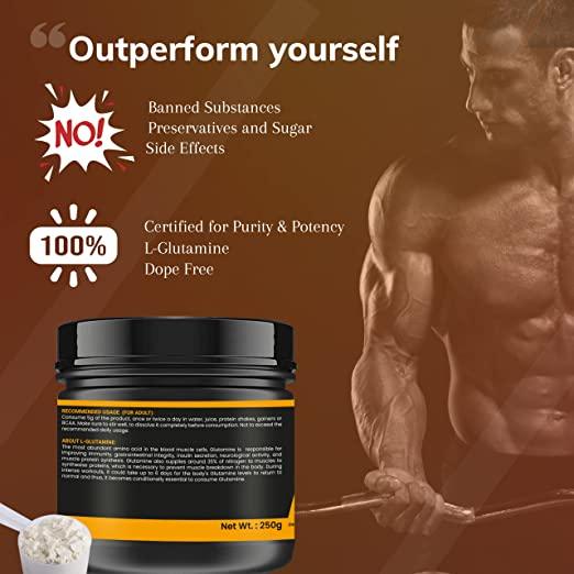 Pure L-Glutamine Muscle Growth & Recovery Supplement - 250gm Unflavoured - Kriya Fit