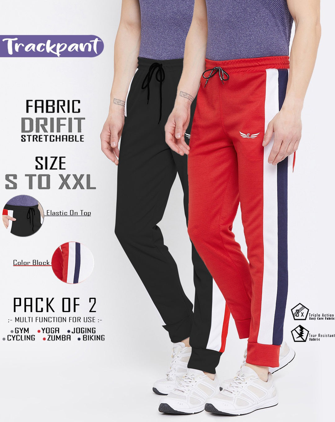 Men Solid Black/Red Hiking Track Pants (Pack of 2)
