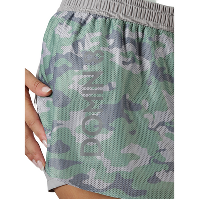 Women's Double layered camouflage patterned training shorts with Elasticated waist & Zipper pocket.