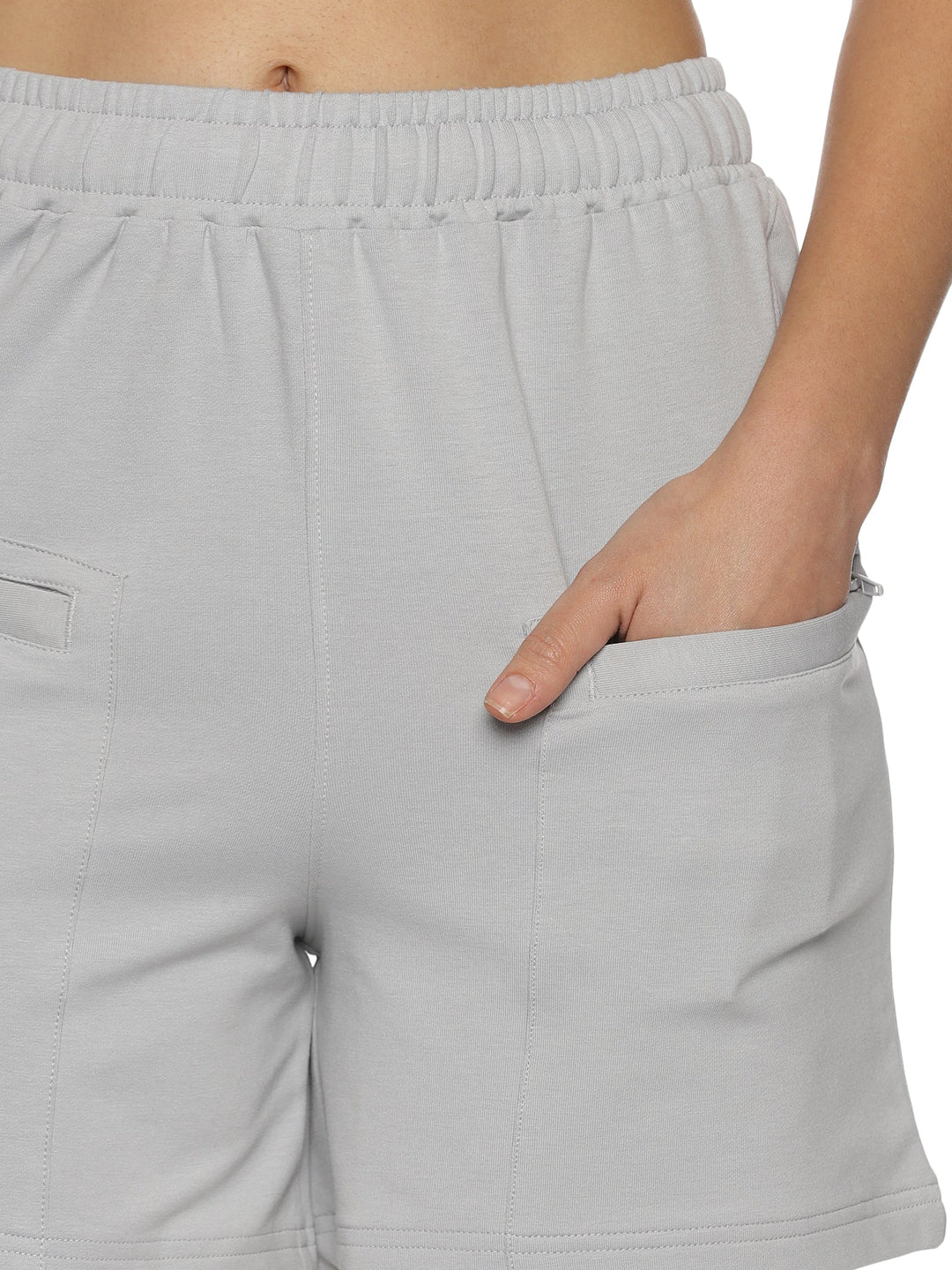 Women's Solid Training Shorts With Elasticated Drawstring Waist & Zipper Pockets (Grey)