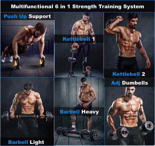 Burnlab 6 in 1 Multifunctional Weight Training Kit - Dumbbells | Kettlebells and Barbells in 1