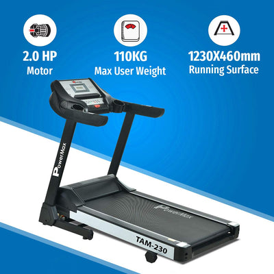 TAM-230 (4HP) Motorised Treadmill for Home [Speed:14.8kmph | Max User Weight:110kg | Foldable | 12 Workout Programs | MP3] Free Installation Assistance & Demo - 3 Year Motor Warranty