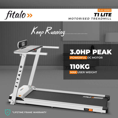 Play T1-Lite (3HP Peak) Pre-Installed Motorized Treadmill for Home use with 12 Pre-Set Workout | Max Speed 12km/hr | (Free Installation Assistance) | Max User Weight 100 kg | 3 Year Motor Warranty