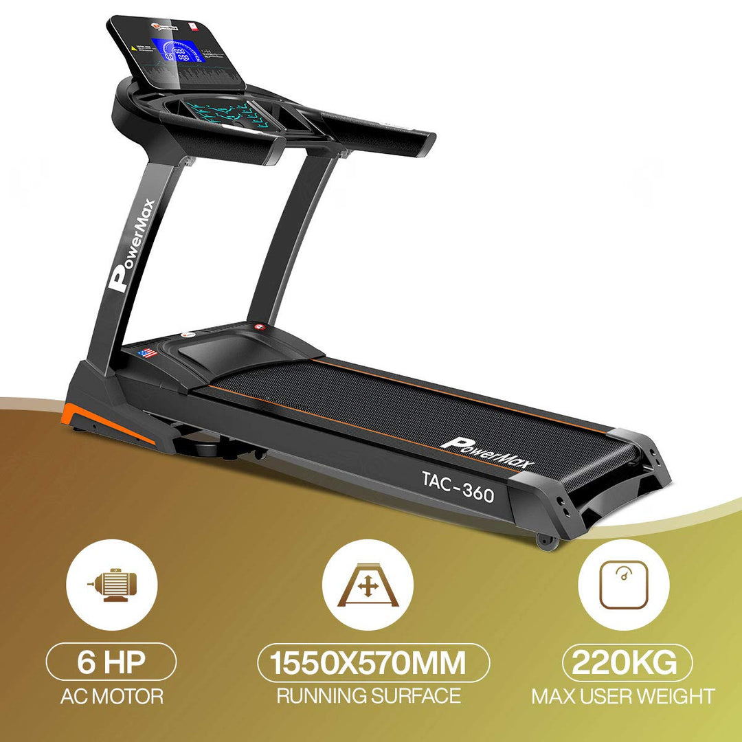 TAC-360 (6HP Peak ) Premiun AC Motorized Treadmill for Home Use |12 Pre-Set Max Pro Workout Session?Max User Wt.140kg |15 Level Auto Incline | Top Speed:18 Km/hr | Spring Resistance?