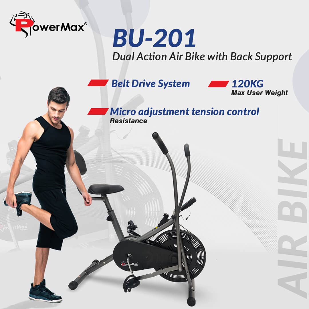 BU-201 Dual Action Air Bike/Exercise Bike for Home |Gym Cycle for Workout With Adjustable Cushioned Seat Non-Slip Pedals Fixed Handles Black Gym