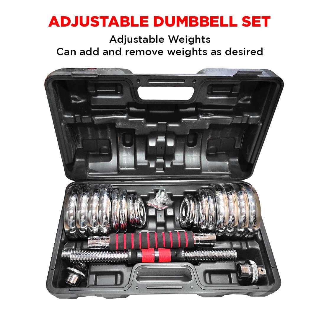 Adjustable Dumbbell Set - Coated Iron Dumbbell and Anti-Slip Rod Set For Home Workout with Carry Case | Chrome | 30kg (Model Number: PDS-30C)