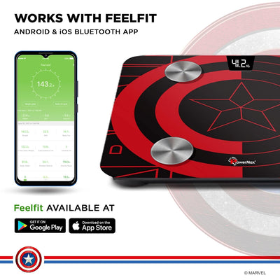 BCA-130 Marvel Edition Red Captain America Digital Weight Machine for Human Body - High Accuracy Bathroom Weighing Scale with Step-on Technology & Super Durable 6mm Tempered Glass