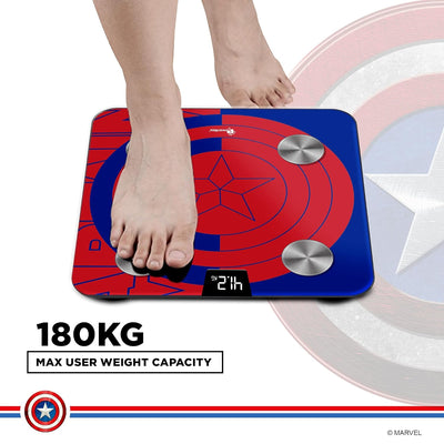 BCA-130 Marvel Edition Blue Captain America Digital Weight Machine for Human Body - High Accuracy Bathroom Weighing Scale with Step-on Technology & Super Durable 6mm Tempered Glass