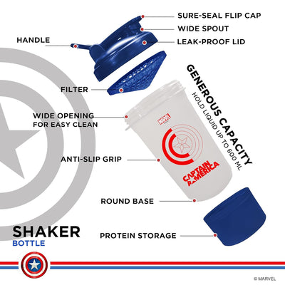 MSB-6S Captain America Marvel Edition Shaker Bottle 600ml | 100% Leakproof Guarantee Sipper Bottle Ideal for Protein | Pre-Workout and BCAAS | BPA Free Material | Plastic (Clear)