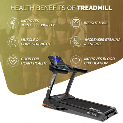 TAC-360 (6HP Peak ) Premiun AC Motorized Treadmill for Home Use |12 Pre-Set Max Pro Workout Session?Max User Wt.140kg |15 Level Auto Incline | Top Speed:18 Km/hr | Spring Resistance?