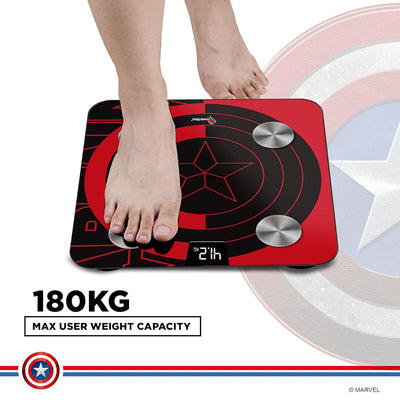 BCA-130 Marvel Edition Red Captain America Digital Weight Machine for Human Body - High Accuracy Bathroom Weighing Scale with Step-on Technology & Super Durable 6mm Tempered Glass